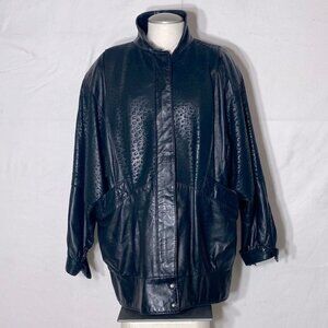 Vintage Oscar Leopold Black Animal Print Oversized 90s Leather Jacket L
